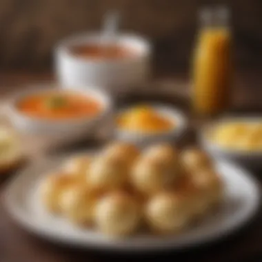 A plate of Po de Queijo served with dipping sauces, highlighting its culinary significance