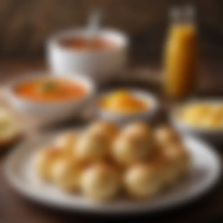 A plate of Po de Queijo served with dipping sauces, highlighting its culinary significance