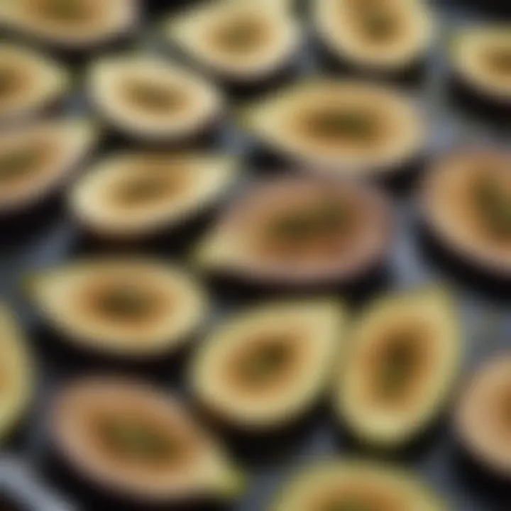 A close-up of sliced eggplant ready for baking with olive oil and seasoning