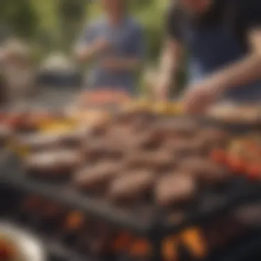 A vibrant outdoor barbeque setting with friends enjoying grilled steak.