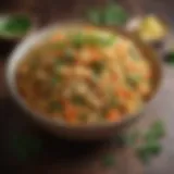 A vibrant bowl of refried rice garnished with fresh herbs