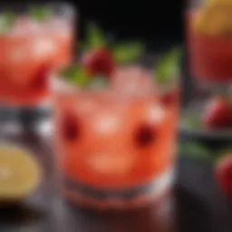 Vibrant glass of strawberry lemonade tequila garnished with fresh berries and mint