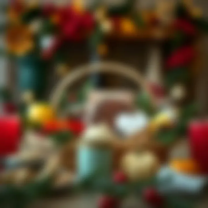 A thoughtfully arranged festive food basket with a variety of flavors and textures.