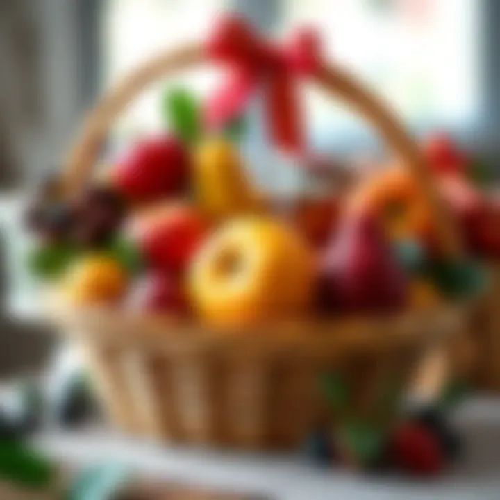 A vibrant display of seasonal fruits and homemade jams in a beautifully designed wicker basket.
