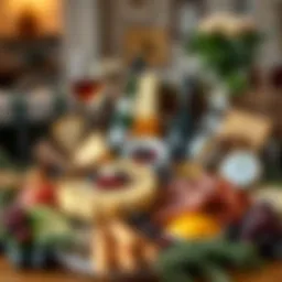 Elegant arrangement of a gourmet food basket showcasing artisanal cheeses and charcuterie.