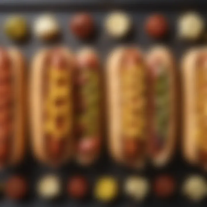 Hot dogs arranged artistically with condiments