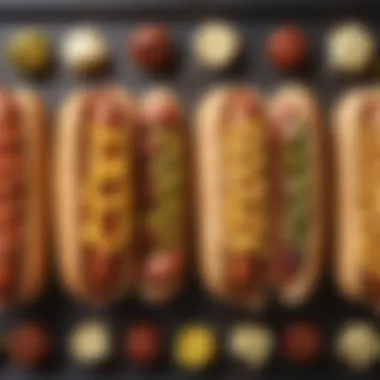 Artful Presentation of Hot Dogs Hot dogs arranged artistically with condiments