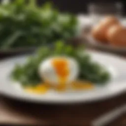 A perfectly poached egg resting on a bed of greens