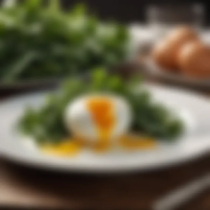 A perfectly poached egg resting on a bed of greens