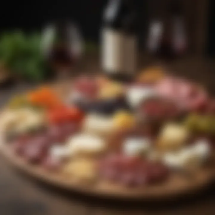A vibrant charcuterie board featuring various cheeses and wine