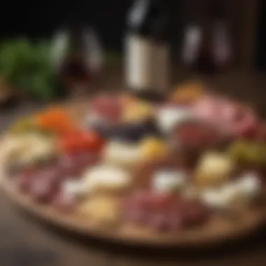 Charcuterie Board with Wine A vibrant charcuterie board featuring various cheeses and wine