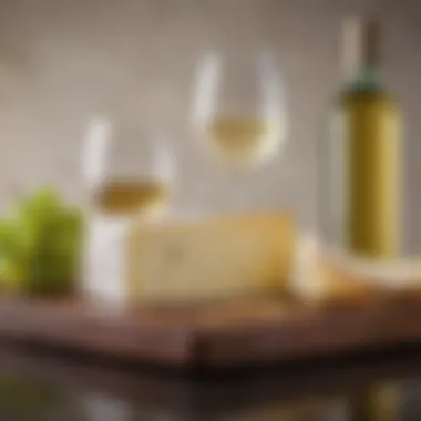 Soft Cheese and Delicate White Wine An artistic arrangement of soft cheese with a delicate white wine