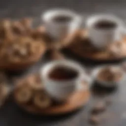 A close-up view of dried shiitake mushrooms beside a cup of coffee, showcasing their texture and color.