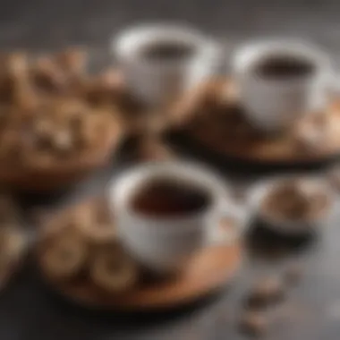 Dried Shiitake Mushrooms and Coffee A close-up view of dried shiitake mushrooms beside a cup of coffee, showcasing their texture and color.
