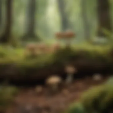 Shiitake Mushrooms in Nature A serene landscape featuring a lush backdrop of shiitake mushrooms growing in their natural habitat.