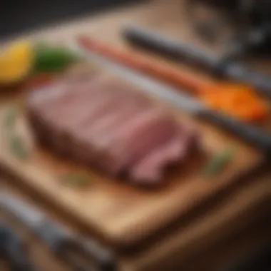 Essential tools laid out for trimming brisket including knives and cutting boards.