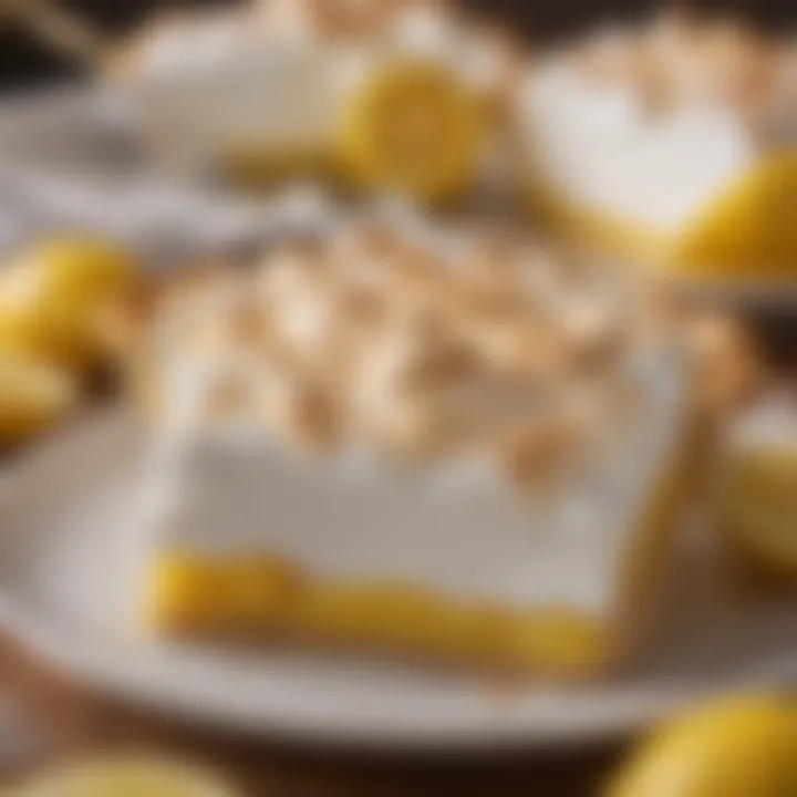 Close-up of a lemon meringue pie with fresh lemon slices