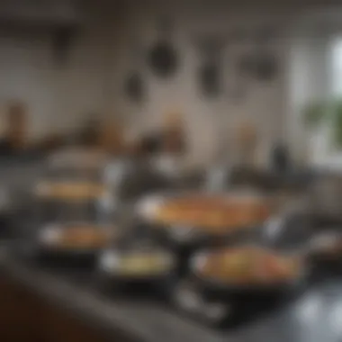 A well-organized kitchen showcasing various sizes of stainless steel kadai.