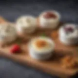 A variety of vegan cream cheese options displayed on a wooden board