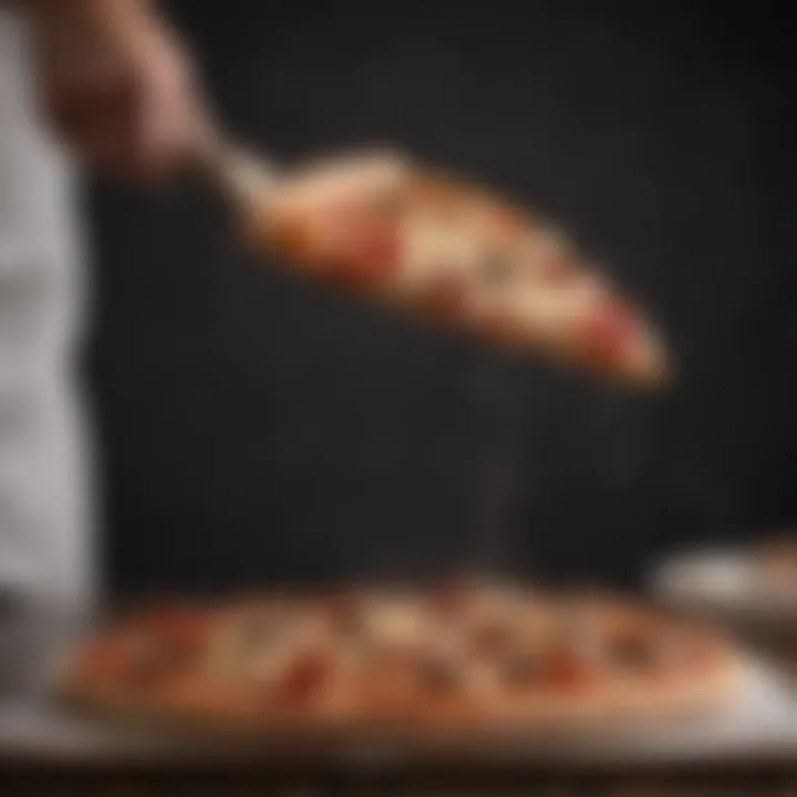 A beautifully baked pizza being effortlessly lifted with a big pizza spatula.