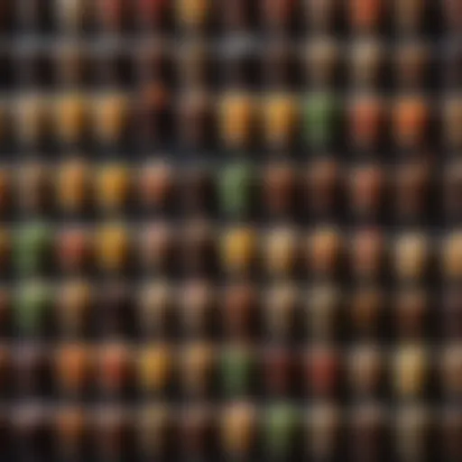 A vibrant boba tea display showcasing various flavors and toppings.