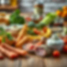 A diverse array of low-carb foods on a wooden table