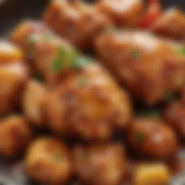 A close-up of a plated dish emphasizing the texture and glaze of sweet sour chicken