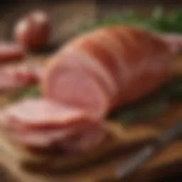 Sliced Hatfield Spiral Ham on a rustic wooden board