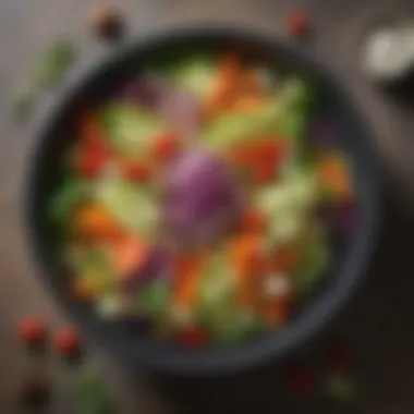 An elegant salad bowl filled with a colorful mix of seasonal vegetables and garnishes