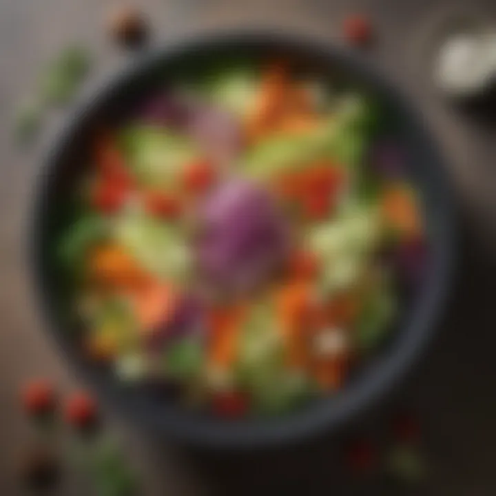 An elegant salad bowl filled with a colorful mix of seasonal vegetables and garnishes