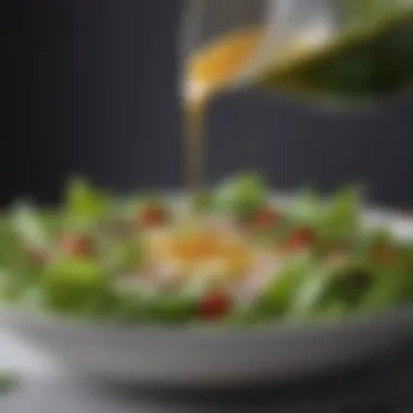 Innovative Dressings to Elevate Flavor A close-up view of a unique salad dressing being drizzled over a leafy green mix