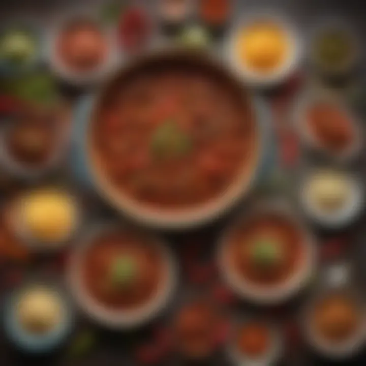 An artistic arrangement of chili-based dishes from various cuisines around the world