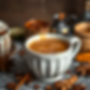Aromatic Chai Experience A close-up of a steaming cup of chai tea with aromatic spices around it