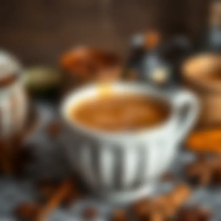 Aromatic Chai Experience A close-up of a steaming cup of chai tea with aromatic spices around it