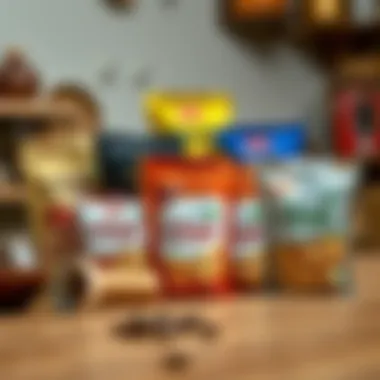 Diverse Instant Chai Tea Packets A vibrant display of various instant chai tea packets on a wooden table