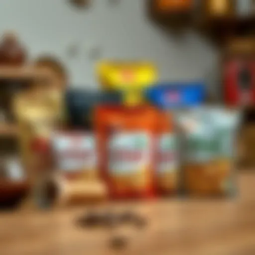 Diverse Instant Chai Tea Packets A vibrant display of various instant chai tea packets on a wooden table