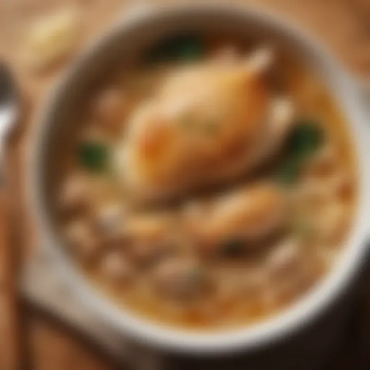 Close-up of delicious noodles and tender chicken in broth