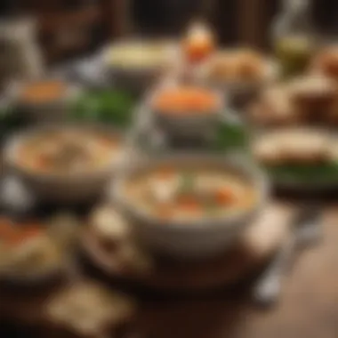 A beautifully set table featuring rotisserie chicken noodle soup with crusty bread