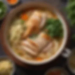 A steaming bowl of rotisserie chicken noodle soup garnished with fresh herbs