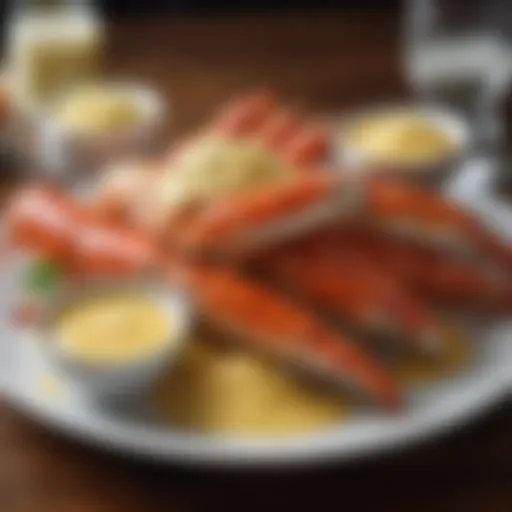 A lavish spread featuring crab legs accompanied by various butter sauces.