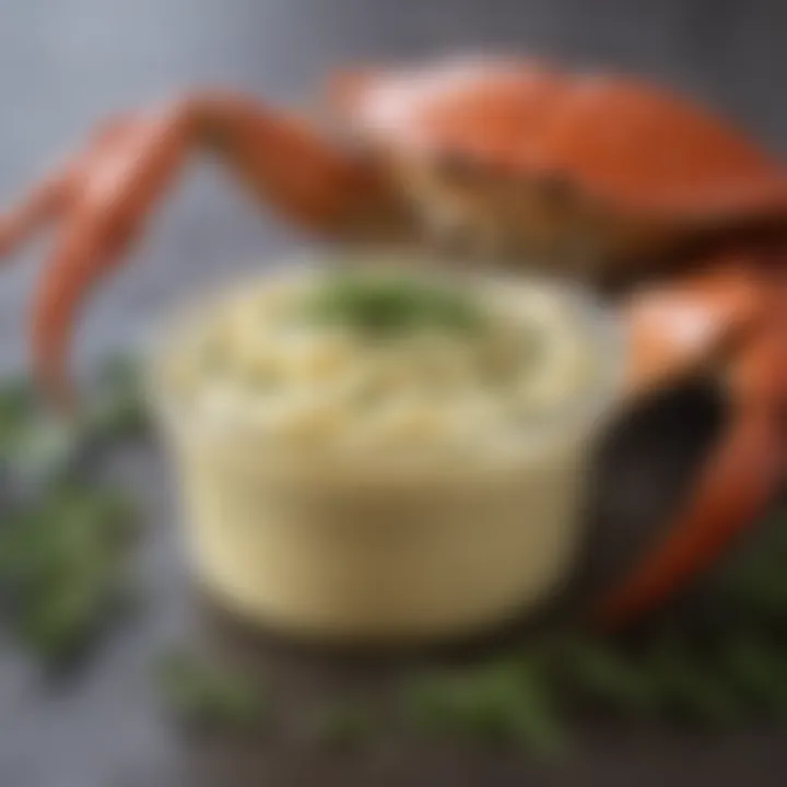 Close-up of melted herb-infused butter ready to be paired with crab.
