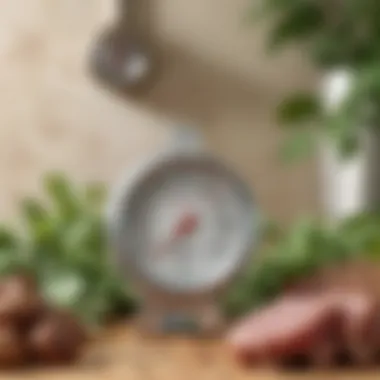 Eco-friendly meat thermometer surrounded by green leaves