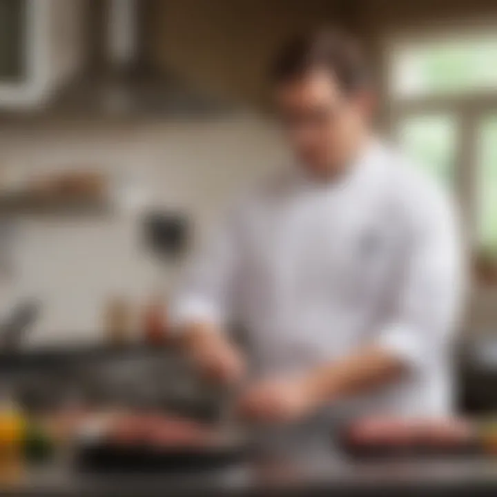 Chef demonstrating the use of a meat thermometer in a kitchen