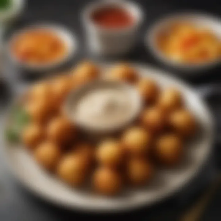 A vibrant plate showcasing tater tots with dipping sauces