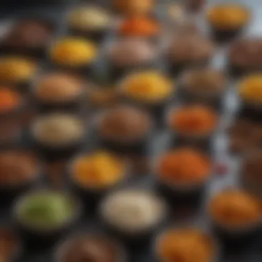 A variety of spices displayed in ceramic bowls