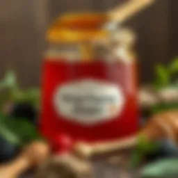 A close-up of a honey jar surrounded by natural elements