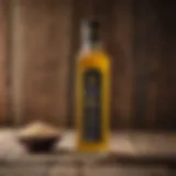 An elegant bottle of sesame oil on a rustic wooden background.