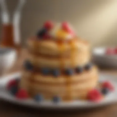 A beautifully arranged stack of pancakes with syrup and berries