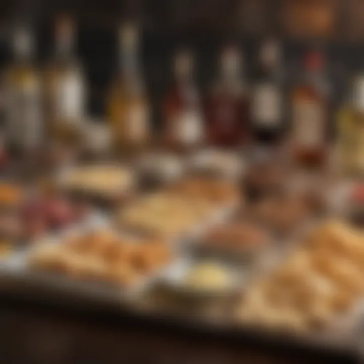 An array of gourmet snacks paired with premium liquor options