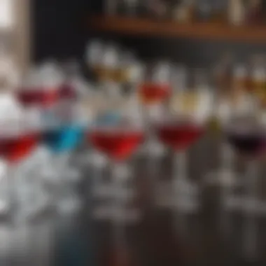 A modern bar setting showcasing an array of colored plastic wine glasses